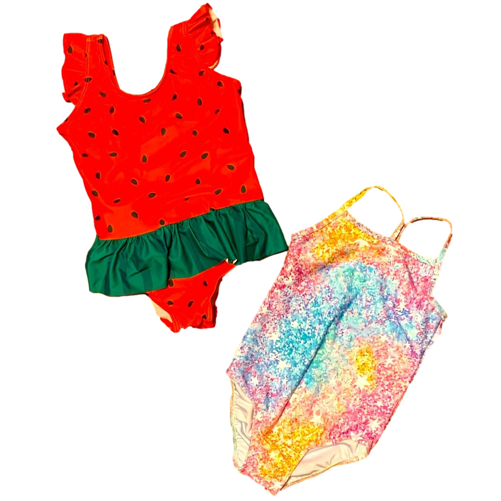 NWT Girls Size 5-6 Swimsuit Bundle Watermelon Ruffle & Rainbow Shimmer One Piece